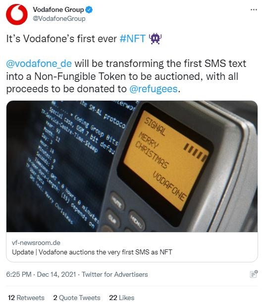 英國(guó)沃達(dá)豐公司也表示，計(jì)劃將拍賣(mài)所得全部捐贈(zèng)給聯(lián)合國(guó)難民署，以支持那些被迫逃離家園的人。(圖片來(lái)源：英國(guó)沃達(dá)豐公司社交媒體截圖)