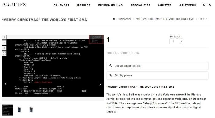 法國(guó)阿古特拍賣(mài)行網(wǎng)站上，世界第一條短信的拍賣(mài)信息。圖片來(lái)源：阿古特拍賣(mài)行網(wǎng)站截圖