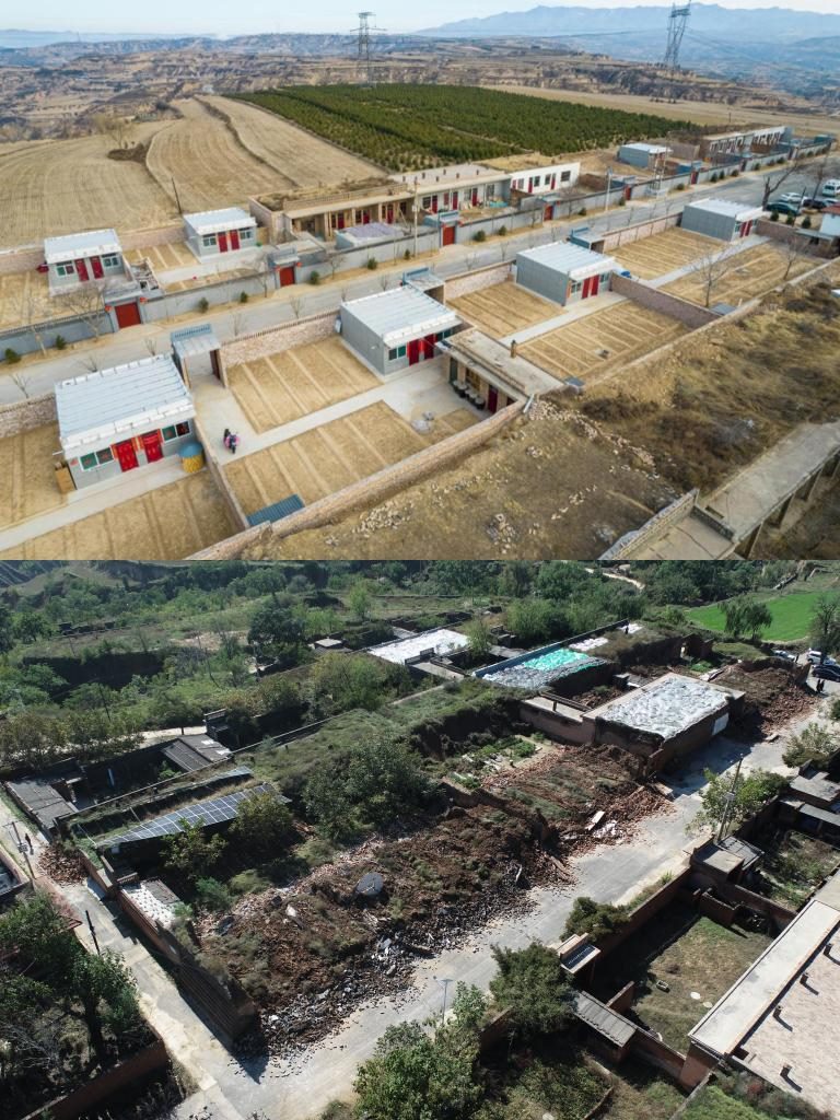 拼版照片，上圖是2022年1月山西省霍州市師莊鄉(xiāng)馮南垣村災(zāi)后恢復(fù)重建后的場(chǎng)景，下圖是2021年10月村莊因?yàn)?zāi)受損的場(chǎng)景。(霍州市委宣傳部供圖)