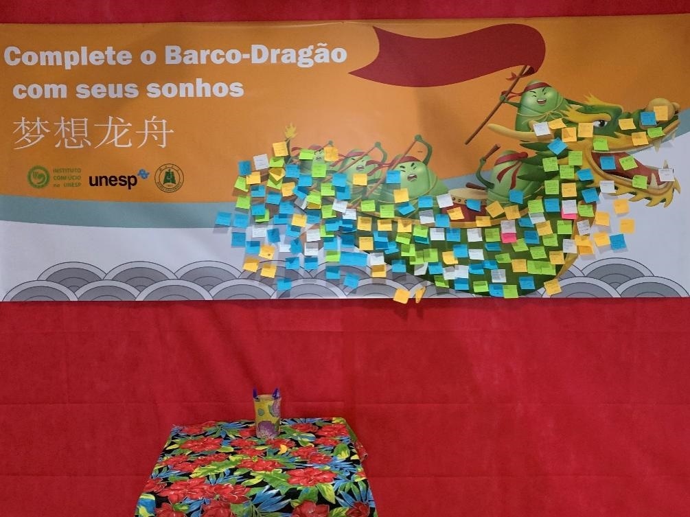 活動現(xiàn)場設(shè)置了“夢想龍舟”環(huán)節(jié)，大家將自己寫下的心愿貼在“龍舟”上，期盼“龍舟”承載自己的夢想駛向更美好的未來。（圣保羅州立大學(xué)孔子學(xué)院供圖）
