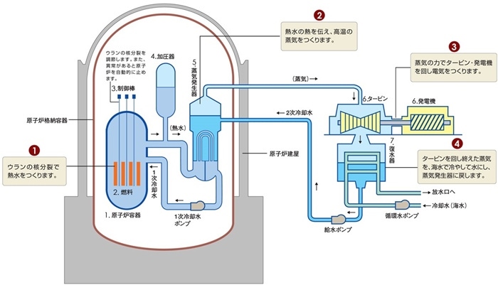 核電站運作原理圖。通常的核電站排水未直接接觸核燃料。（圖片來源：日本北海道電力株式會社網(wǎng)站）