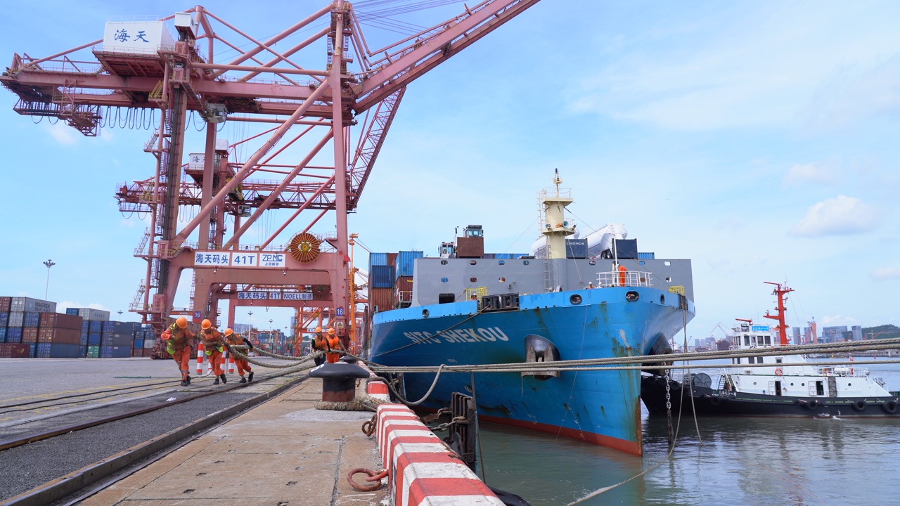 7月22日上午，“絲路海運(yùn)”電商快線“海豐蛇口”輪?？繌B門海天碼頭12號(hào)泊位裝卸集裝箱貨物。人民網(wǎng)記者 蘭志飛攝