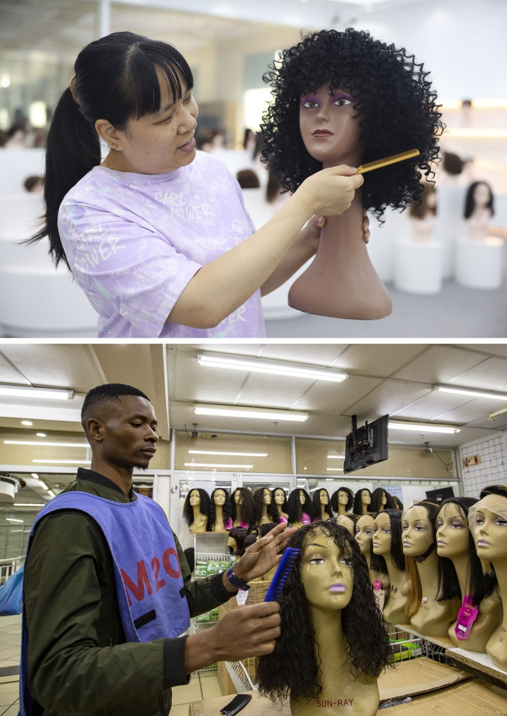 拼版照片：上圖為2023年5月25日，工人在湖南邵陽陽光發(fā)品有限公司展廳展示假發(fā)（新華社記者薛宇舸攝）；下圖為2023年6月9日，一名店員在湖南邵陽陽光發(fā)品有限公司位于南非約翰內(nèi)斯堡的店鋪內(nèi)展示假發(fā)（新華社記者張譽東攝）。新華社發(fā)