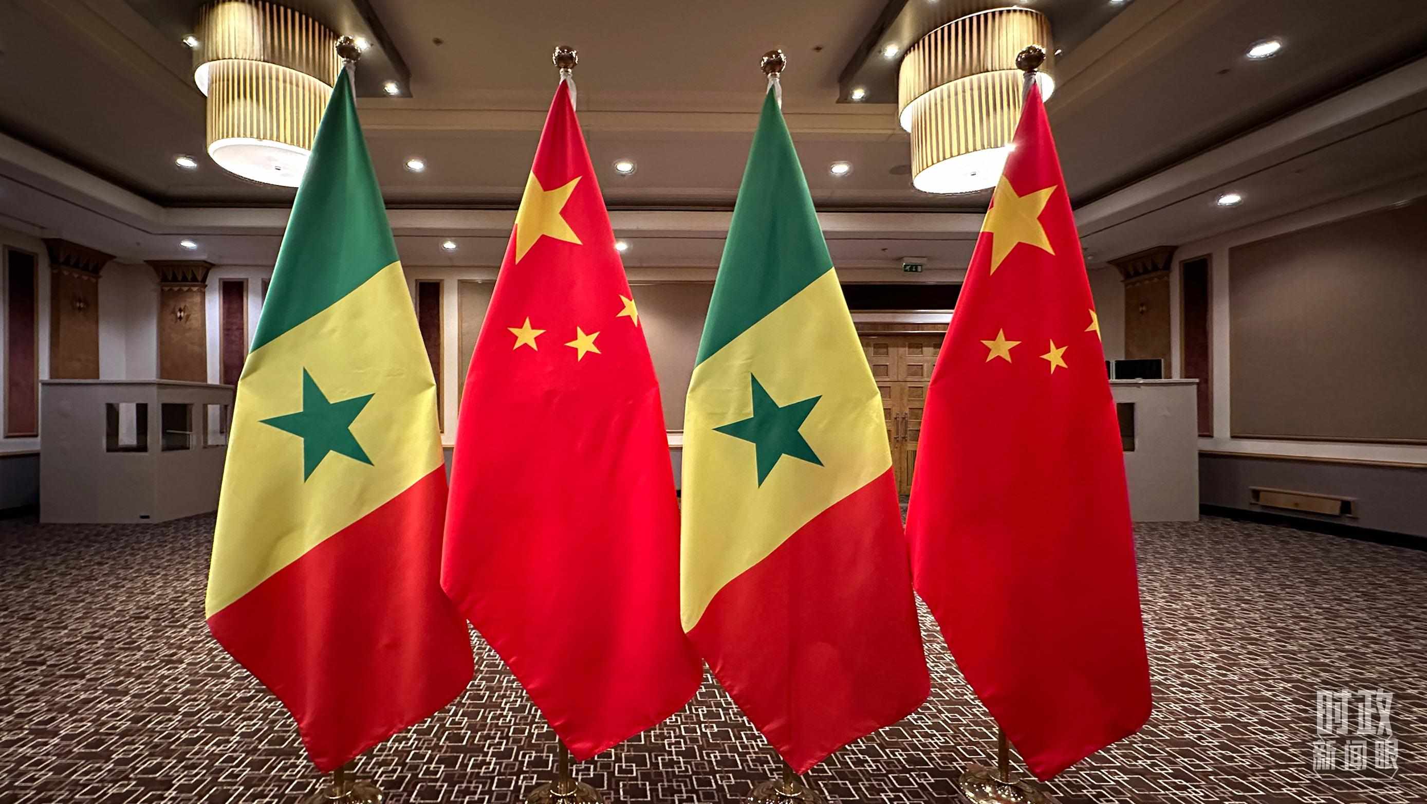 △會見現(xiàn)場的中塞兩國國旗。（總臺央視記者盧心雨拍攝）