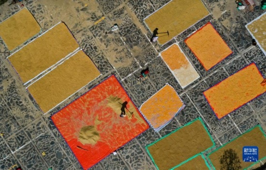 9月16日，貴州省黔東南苗族侗族自治州丹寨縣南皋鄉(xiāng)石橋村村民在晾曬農(nóng)作物（無人機(jī)照片）。