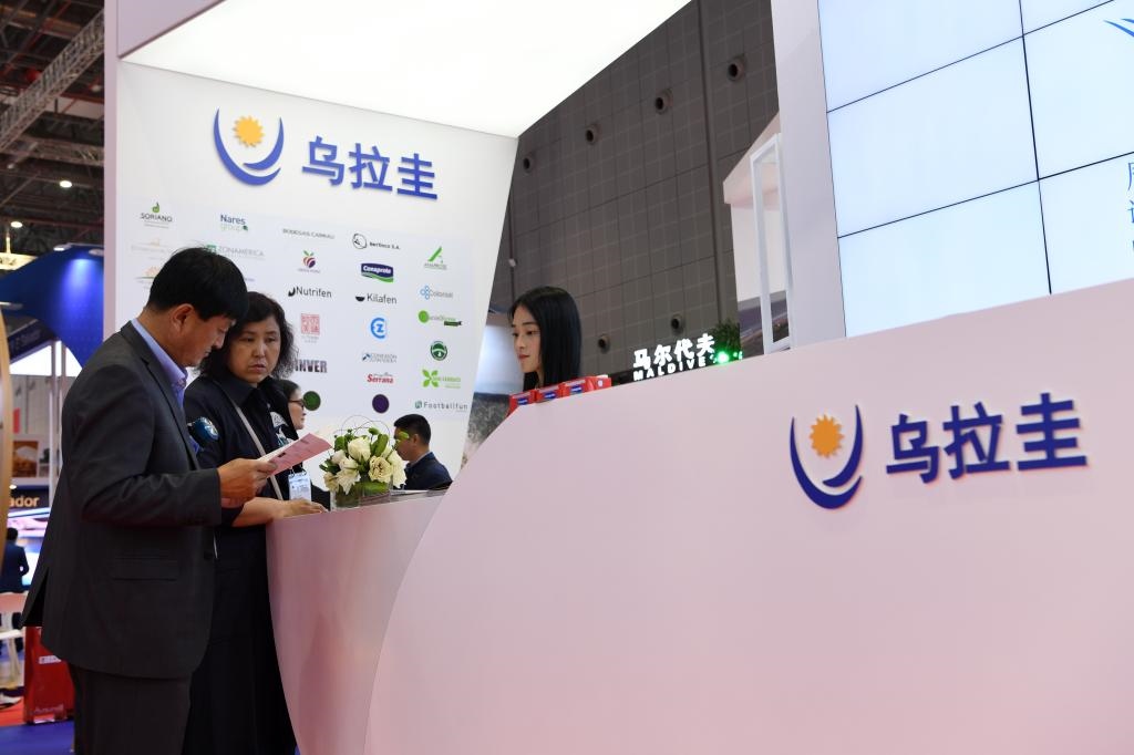 2019年11月6日，參觀者在第二屆進(jìn)博會(huì)烏拉圭國(guó)家館展臺(tái)咨詢。