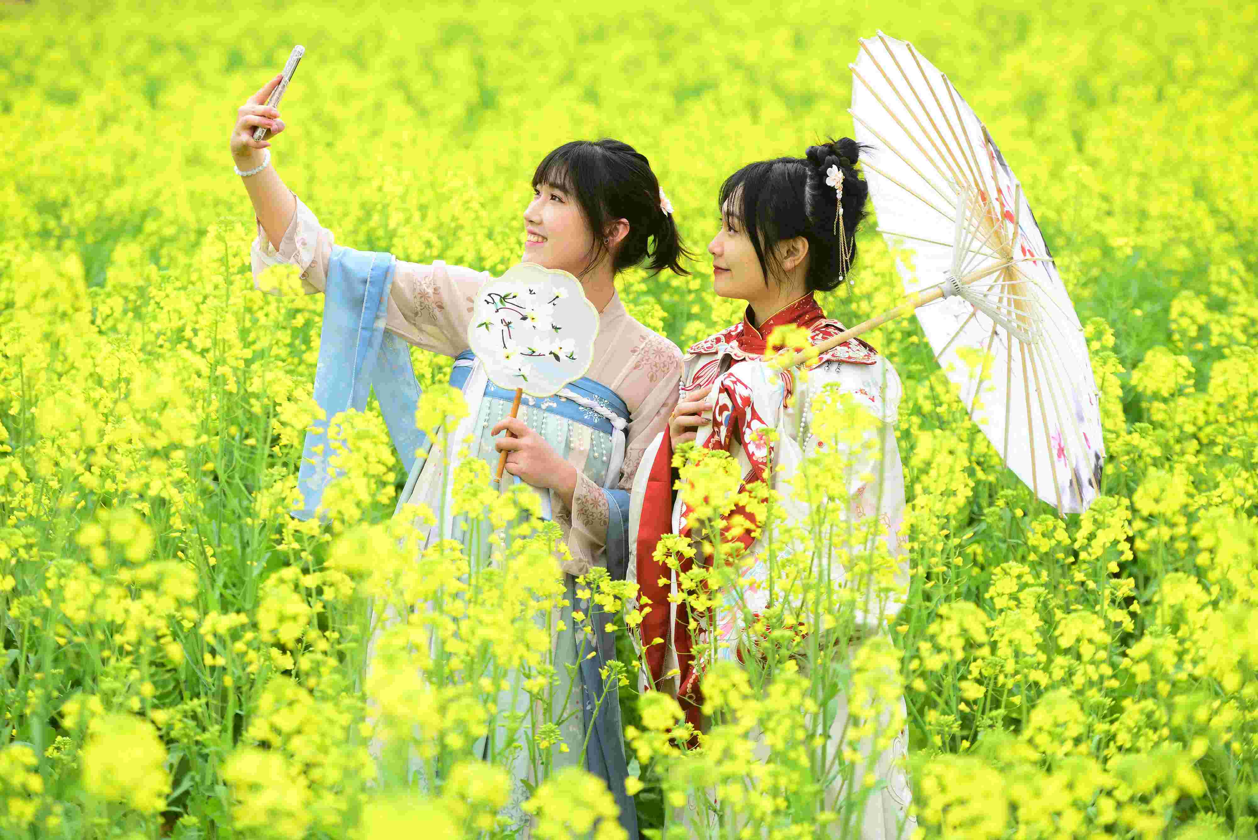 △ 2024年2月16日，廣西賀州，在富川瑤族自治縣麥嶺鎮(zhèn)三民村，游客在油菜花田間賞花拍照。