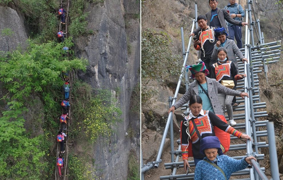 “懸崖村”今昔對比：左圖為2016年5月14日，“懸崖村”的孩子們攀爬木梯回家。右圖為2020年5月13日，“懸崖村”村民帶著行李通過鋼梯下山，搬遷至易地扶貧集中安置點(diǎn)的新家。