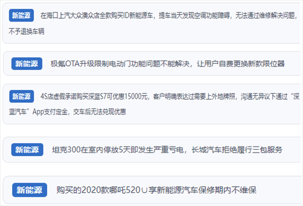 “人民投訴”用戶吐槽新能源汽車功能障礙多發(fā)、升級后配套服務(wù)跟不上、虛假優(yōu)惠、保修期內(nèi)不維保的問題。（“人民投訴”平臺截圖）