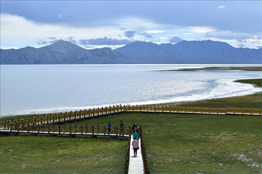 △ 游客行走在青海瑪多縣冬格措納湖畔的木棧道上。