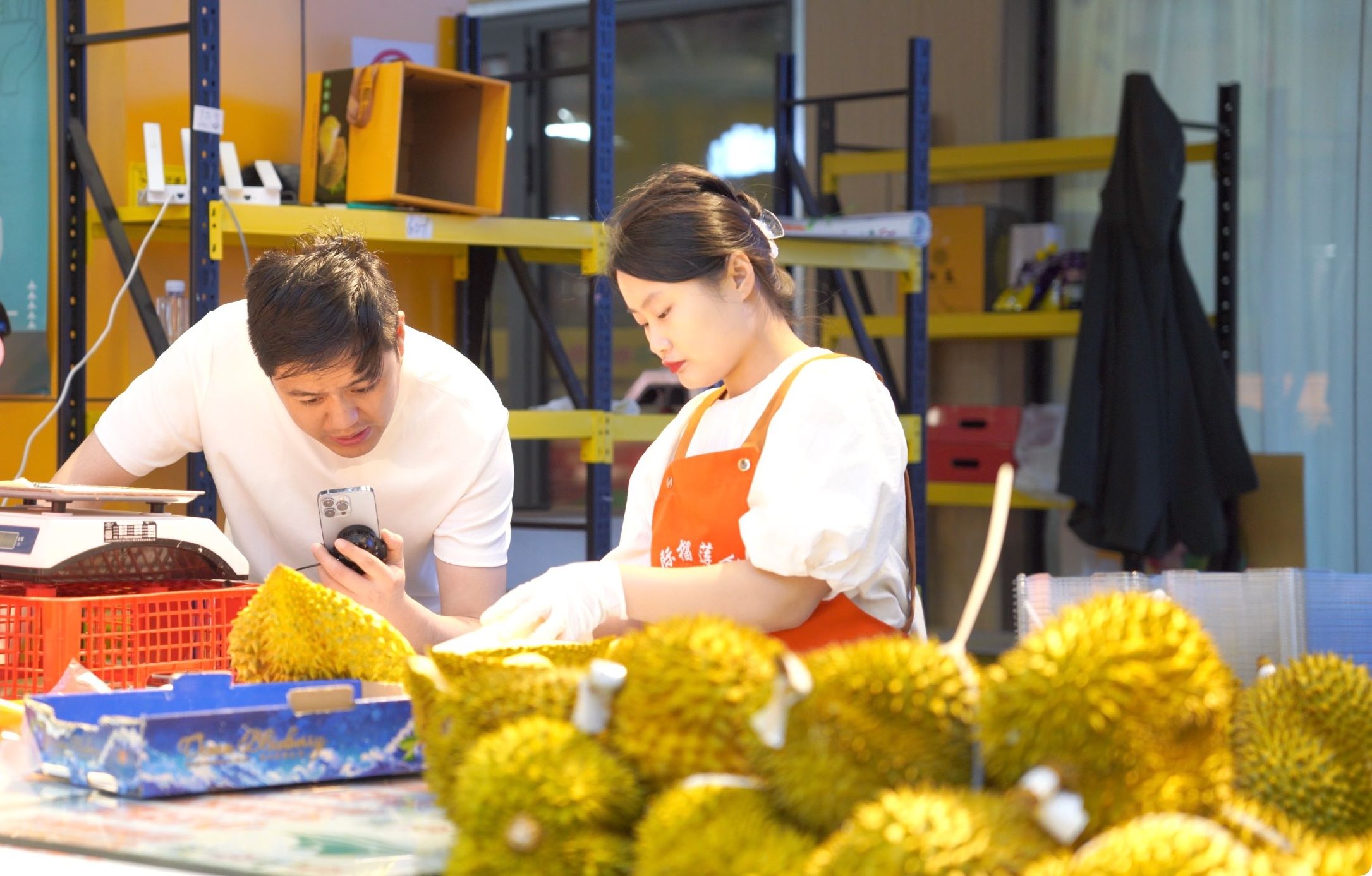 榴蓮商家正在通過手機直播銷售榴蓮。人民網(wǎng)記者申佳平 攝