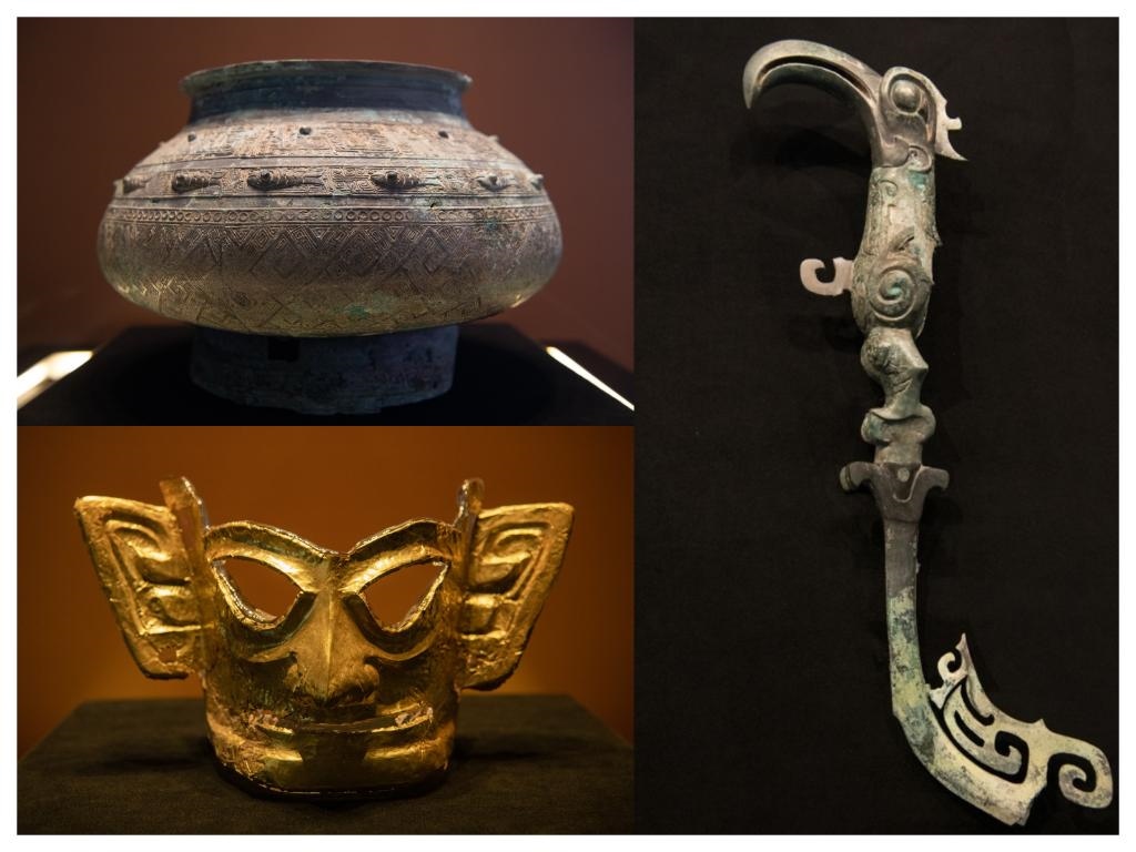 拼版照片：左上圖為青銅瓿，左下圖為黃金面具，右圖為青銅樹枝。新華社記者唐文豪 攝