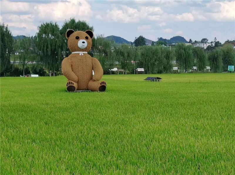 稻穗搖曳，垂柳依依，山嵐多姿，好一幅歲月靜好山鄉(xiāng)恬靜圖。這憨厚俏皮的熊玩偶造型，像是亂入其中，形成現(xiàn)代與傳統(tǒng)、好動(dòng)與寧?kù)o的反差感，讓人過(guò)目不忘，也讓人莞爾一笑。（哈薩克斯坦鳳凰24新聞社總編輯兼首席執(zhí)行官克馬爾·馬山羅攝）
