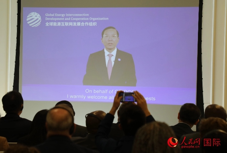 全球能源互聯(lián)網(wǎng)發(fā)展合作組織主席、中國電力企業(yè)聯(lián)合會理事長辛保安通過視頻方式致辭。人民網(wǎng)記者 李志偉攝