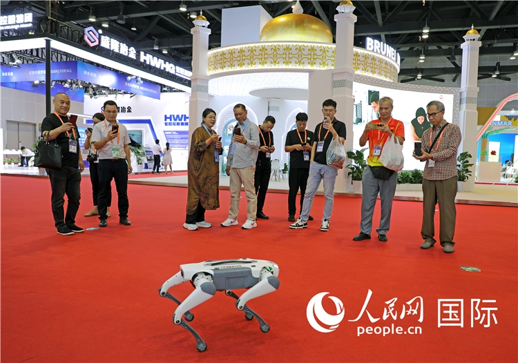 東博會(huì)上，觀眾正在參觀一只機(jī)器狗。綠色能源、新能源汽車(chē)、綠色農(nóng)產(chǎn)品等成為本屆東博會(huì)觀眾關(guān)注的焦點(diǎn)。人民網(wǎng)記者 趙益普攝