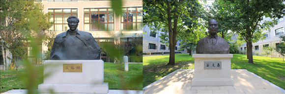拼版照片：左圖為中央黨校（國家行政學院）校園內(nèi)的焦裕祿雕塑；右圖為中央黨校（國家行政學院）校園內(nèi)的谷文昌雕塑。