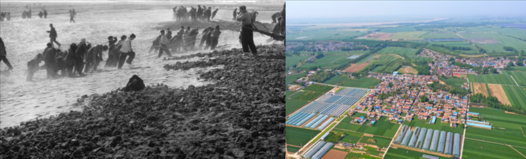 拼版照片：左圖為蘭考群眾在拉淤土壓沙（新華社記者 鄧歷耕 攝）；右圖為2024年4月25日拍攝的蘭考縣張莊村（無人機照片，新華社記者 郝源 攝）。