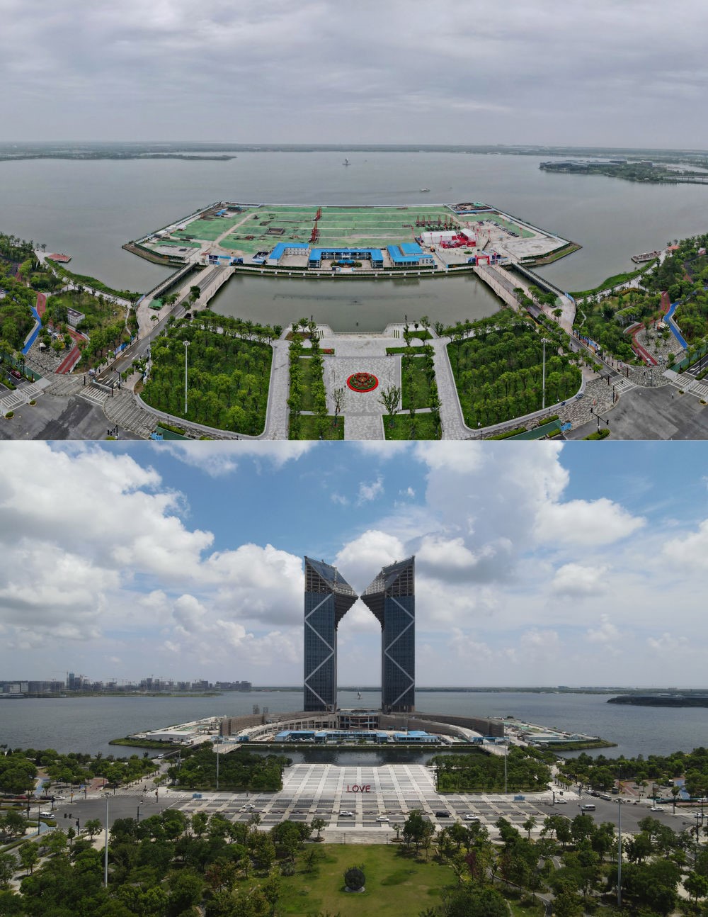 拼版照片：空中俯瞰中國（上海）自由貿(mào)易試驗(yàn)區(qū)臨港新片區(qū)滴水湖西島中銀金融中心項(xiàng)目現(xiàn)場（上圖為2021年6月20日攝，無人機(jī)照片；下圖為2024年8月14日攝，無人機(jī)照片）。2019年8月20日，臨港新片區(qū)揭牌成立，一個(gè)開放新高地在長江與東海交匯處日益崛起。