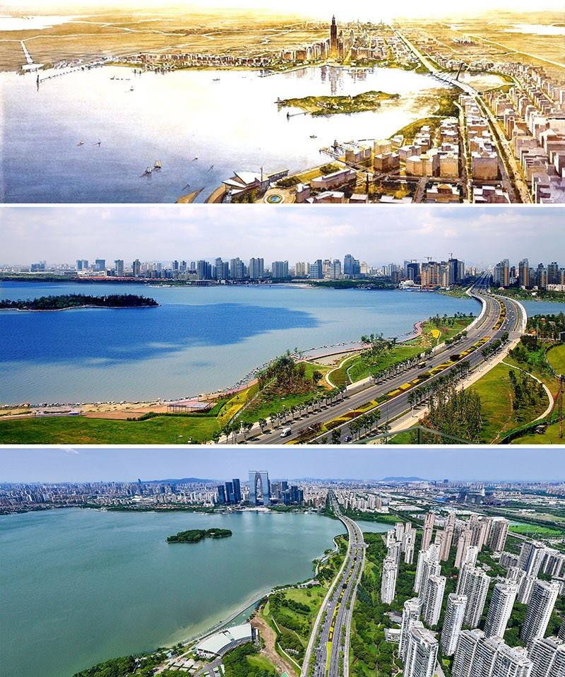 拼版照片：上圖為1994年繪制的蘇州工業(yè)園區(qū)手繪規(guī)劃圖；中圖為2007年拍攝的蘇州工業(yè)園區(qū)；下圖為2023年7月4日用無(wú)人機(jī)拍攝的蘇州工業(yè)園區(qū)。