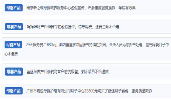 網(wǎng)友涉及產(chǎn)后康復(fù)保健消費糾紛的相關(guān)投訴問題。（“人民投訴”用戶投訴截圖）
