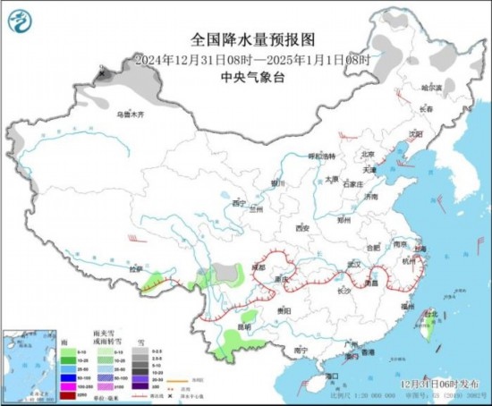 全國(guó)降水量預(yù)報(bào)圖(2024年12月31日08時(shí)-2025年1月1日08時(shí))。圖片來(lái)源：中央氣象臺(tái)網(wǎng)站