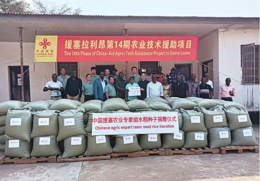 中國援塞拉利昂農(nóng)業(yè)專家組在塞南方省博城舉辦水稻種子捐贈(zèng)儀式。中國援塞農(nóng)業(yè)專家組供圖
