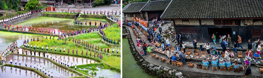左圖：近期，人們?cè)诶杵娇h肇興侗寨的田園里演唱侗族大歌（黎平縣委宣傳部供圖）；右圖：這是2023年拍攝的十八洞村長(zhǎng)桌宴（湘西州委宣傳部供圖）。