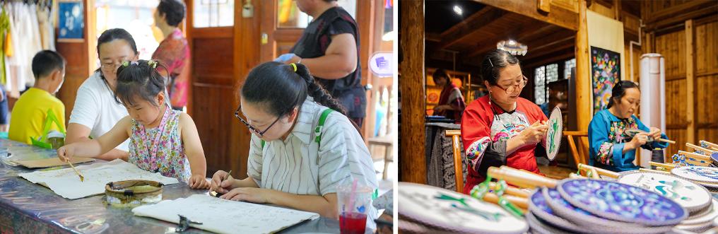 左圖：近期，游客在黎平縣肇興侗寨體驗(yàn)非遺蠟染藝術(shù)（黎平縣委宣傳部供圖）；右圖：這是2024年拍攝的繡娘在十八洞村梨子寨苗繡鄉(xiāng)村振興示范基地制作苗繡產(chǎn)品（湘西州委宣傳部供圖）。