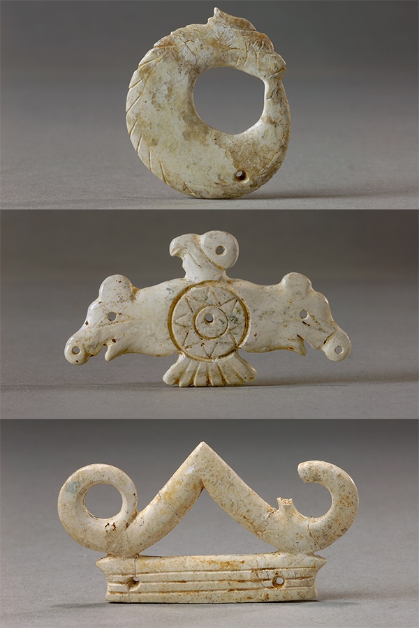 玉龍（上）、玉鷹（中）和玉冠飾（下）。國家文物局供圖