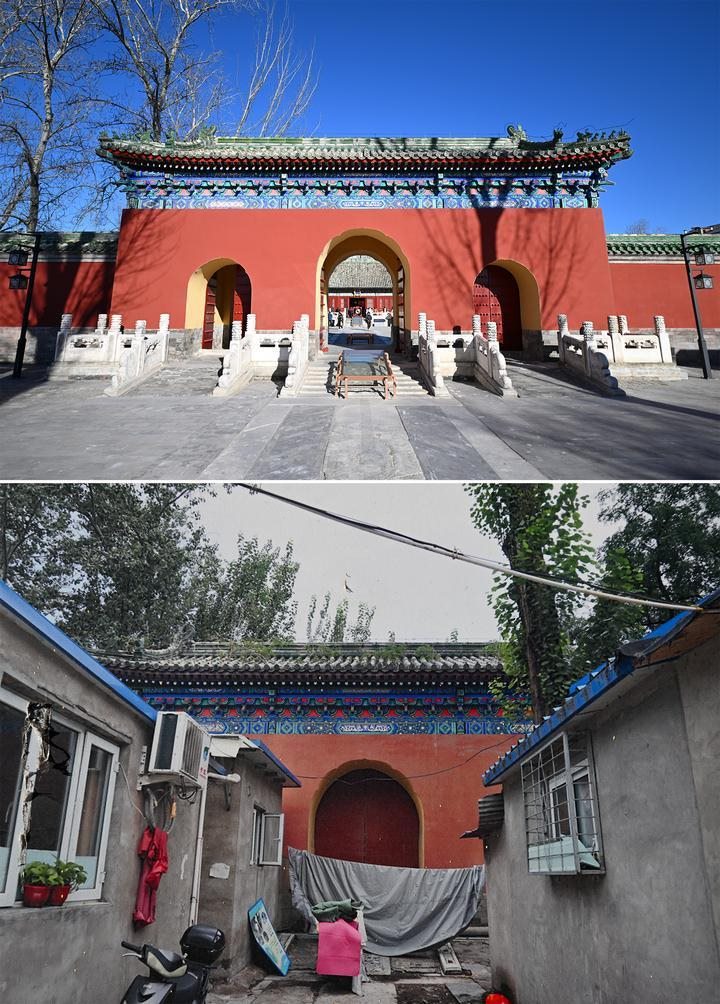 位于先農(nóng)壇內(nèi)的慶成宮，曾長(zhǎng)時(shí)間被雜亂的民居占據(jù)。在北京中軸線申遺保護(hù)工作的帶動(dòng)下，北京完成了慶成宮區(qū)域文物征收騰退、非文物建筑拆除、彩畫保護(hù)、本體修繕、展覽布陳等，讓560多年歷史的古建群重新回歸。2024年12月，北京中軸線上先農(nóng)壇內(nèi)的慶成宮首次面向社會(huì)公眾開放。上圖為騰退修繕后的慶成宮內(nèi)宮門（資料照片）；下圖為翻拍的慶成宮內(nèi)宮門騰退修繕前的資料照片（2024年12月21日攝）。